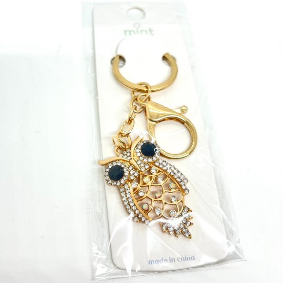 3/$30 GOLD OWL KEYCHAIN RHINESTONE CRYSTAL BLACK EYES BAG CHARM GIFT BLING NWT - Picture 8 of 11